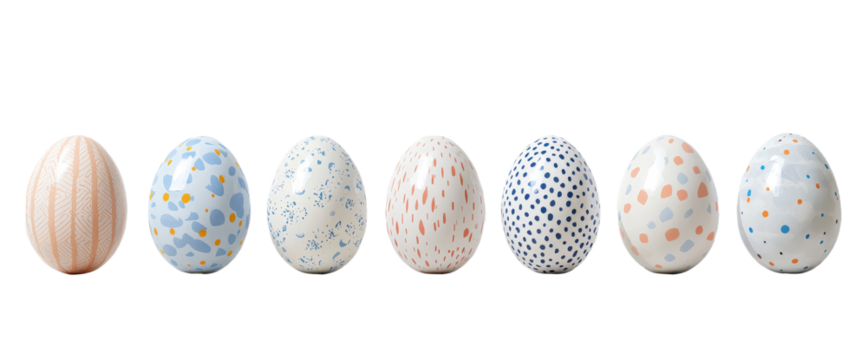 Isolated minimalist mockups of decorative eggs showcasing various patterns and colors on a light background