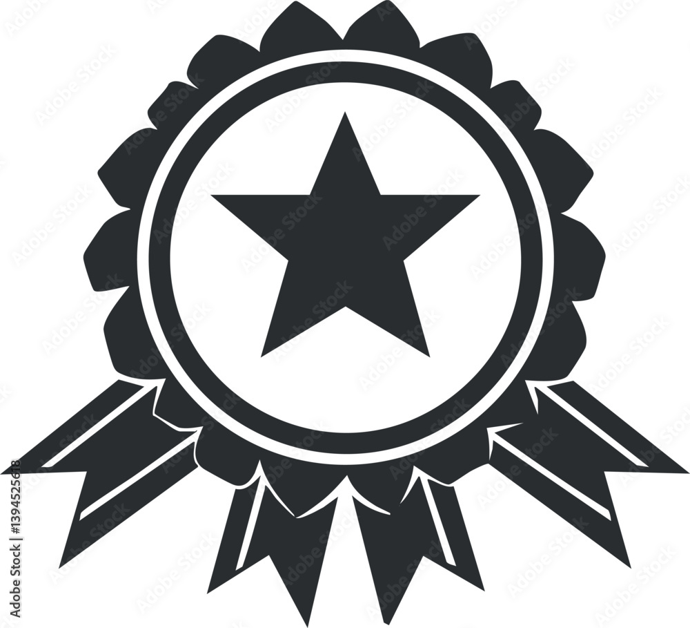 Poster black and white star emblem with ribbons symbolizing achievement and recognition in vector format.
