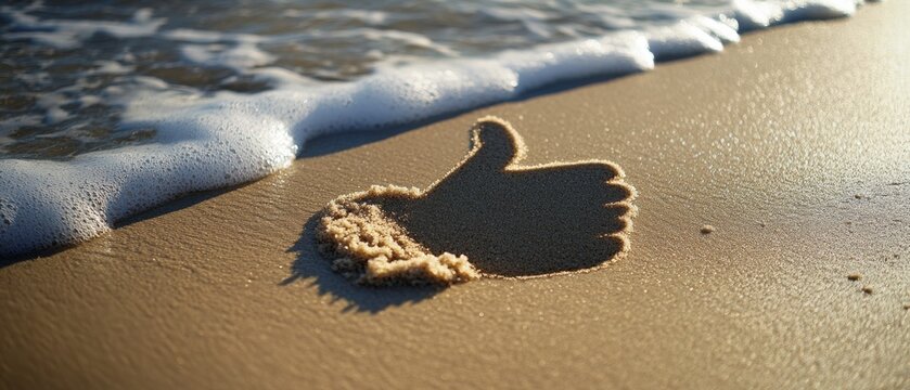 A thumbs-up imprint is perfectly crafted in the wet sand as ocean waves approach, blending elements of positivity and seaside tranquility. - Powered by Adobe