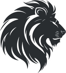 Fototapeta premium Black silhouette of a lion's head with flowing mane in a bold graphic design.