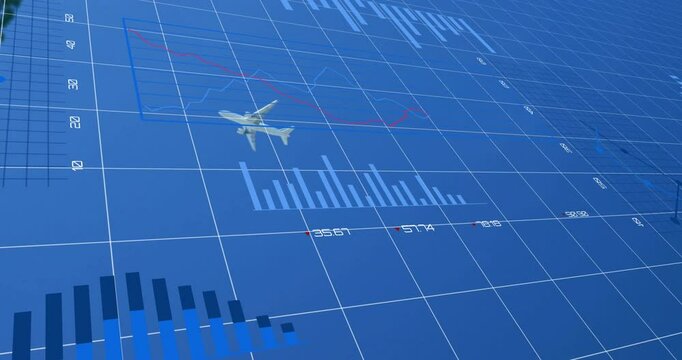 Flying airplane over financial charts and graphs on blue animation background