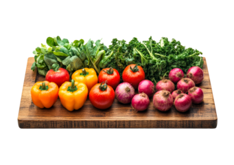 Fresh vegetables on a wooden cutting board isolated on transparent background