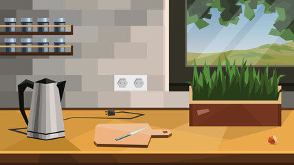 Modern kitchen interior with electric kettle, cutting board, knife, and herbs near the window.