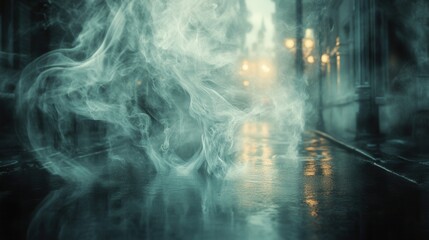A mysterious, smoky scene captured in a dimly lit urban alley, with reflections on wet pavement and glowing streetlights in the background.