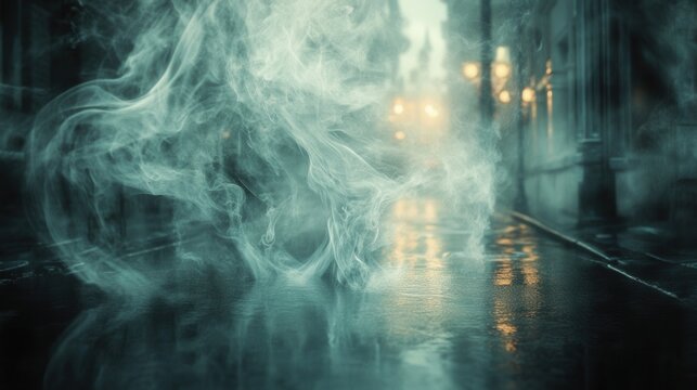 A mysterious, smoky scene captured in a dimly lit urban alley, with reflections on wet pavement and glowing streetlights in the background.