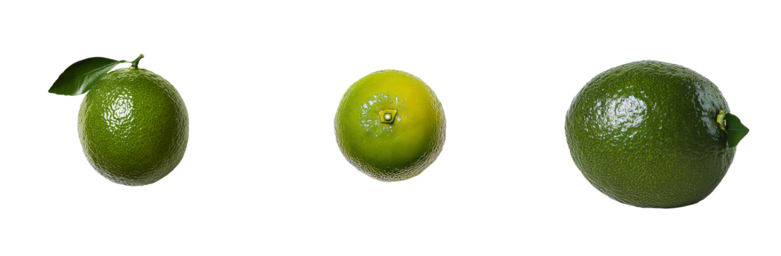 Minimalist mockups of green citrus fruits showcasing lime, key lime, and avocado in an isolated setting