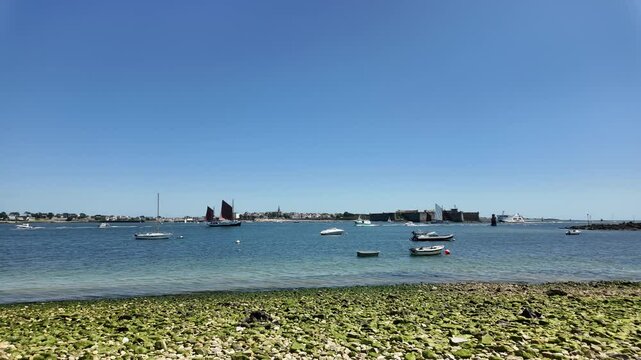 Sailboats At The Sea Of Lorient Port City In Brittany, France. Wide Shot
