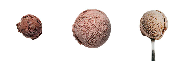 Fototapeta premium Three isolated minimalist mockups of chocolate ice cream scoops on a plain background showcasing different angles