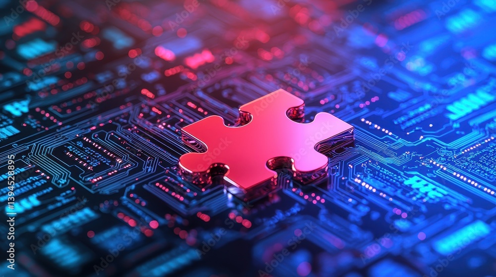 Poster glowing red puzzle piece on colorful circuit board background representing technology and solutions