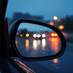 Car mirror reflects rainy night lights