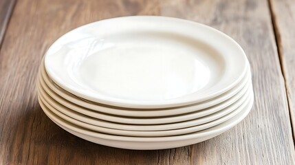 Stack of clean white plates on wooden table
