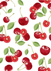 Seamless pattern with cherries berries with green leaves and stems. Vector fresh fruit food. 