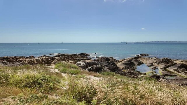 Rocky Shorelines Of Lorient On The South Coast Of Brittany, France. Wide Shot