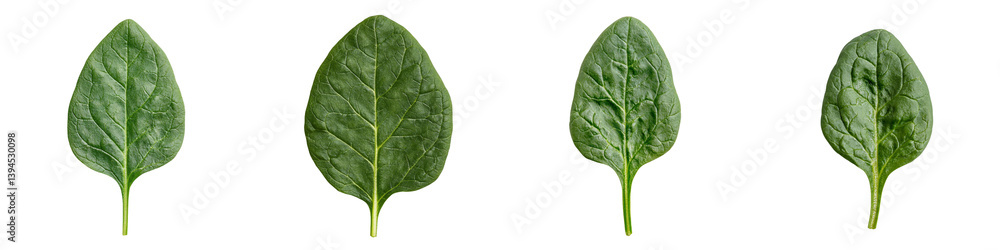 Poster four isolated spinach leaves arranged in a minimalist layout showcasing their unique shapes and text