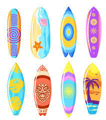 Surfboards set. Bodyboard. Surfboard print design for surfing ride or decor. Beautiful drawing on a surfboard