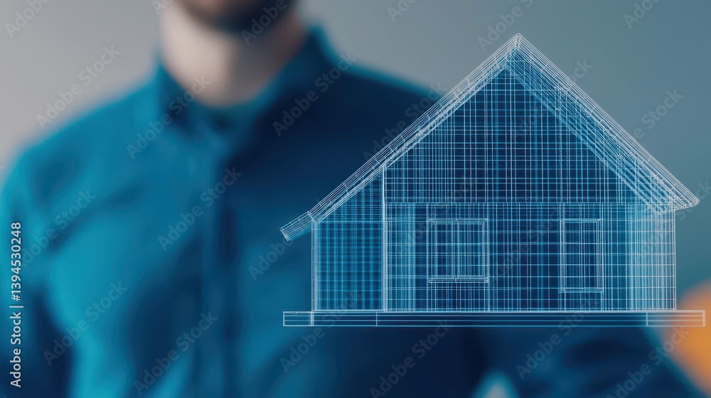 Poster conceptual visualization of house design with 3d model overlay and professional architect identifyin