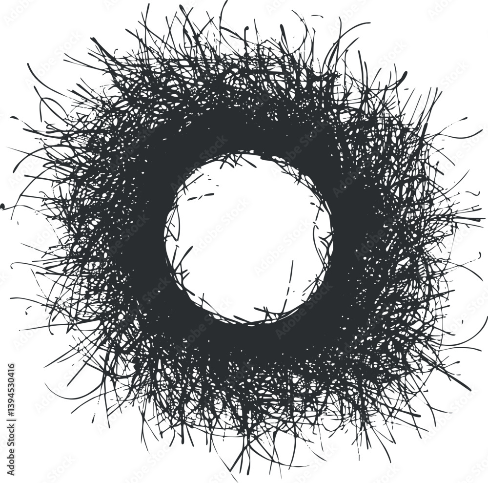 Poster abstract black and white circular design with a chaotic, textured pattern and empty center.