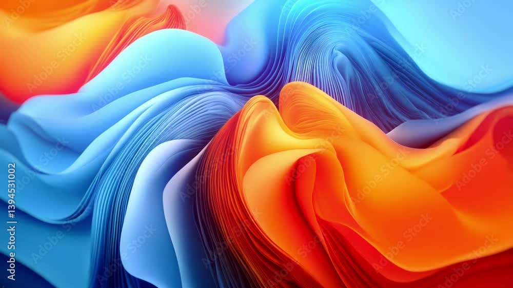 Poster Animation of flowing, undulating shapes that intertwine seamlessly. Gradient transitions between blues and oranges. The atmosphere is one of serenity and harmony