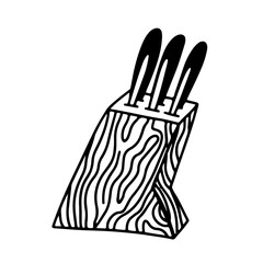 Knives in a wooden knife stand doodle vetor illustration