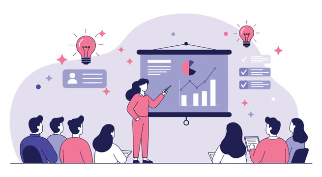 Woman delivering business presentation to diverse audience. Professional explaining analytics and performance metrics to colleagues. Corporate training, data visualization concept.