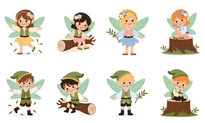 Set of cute forest fairy girl and boy with wings on white background. Poster, Banner, Flyer, Greeting Card. Vector illustration in flat cartoon style