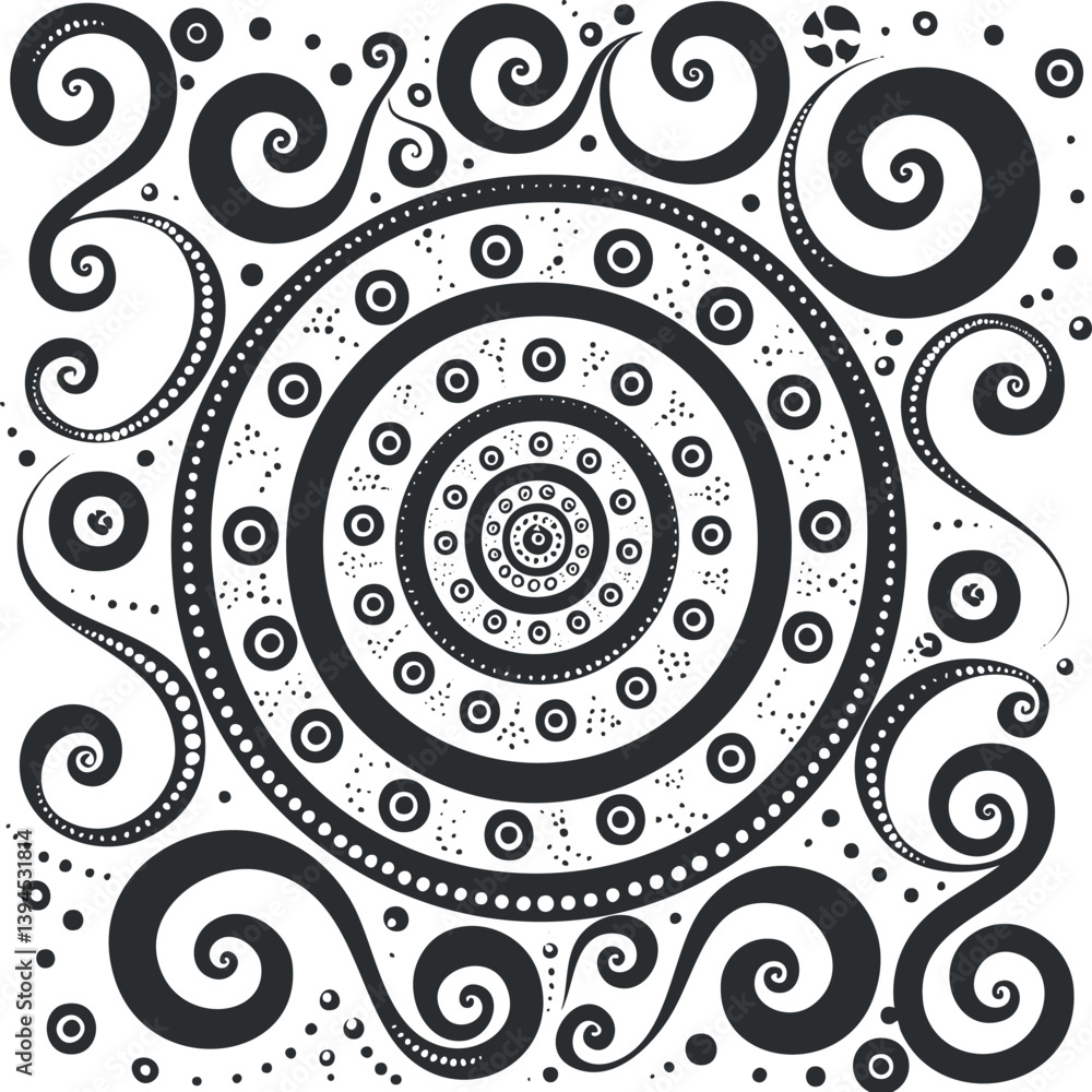 Poster black and white abstract spiral pattern with circular and swirling decorative elements.