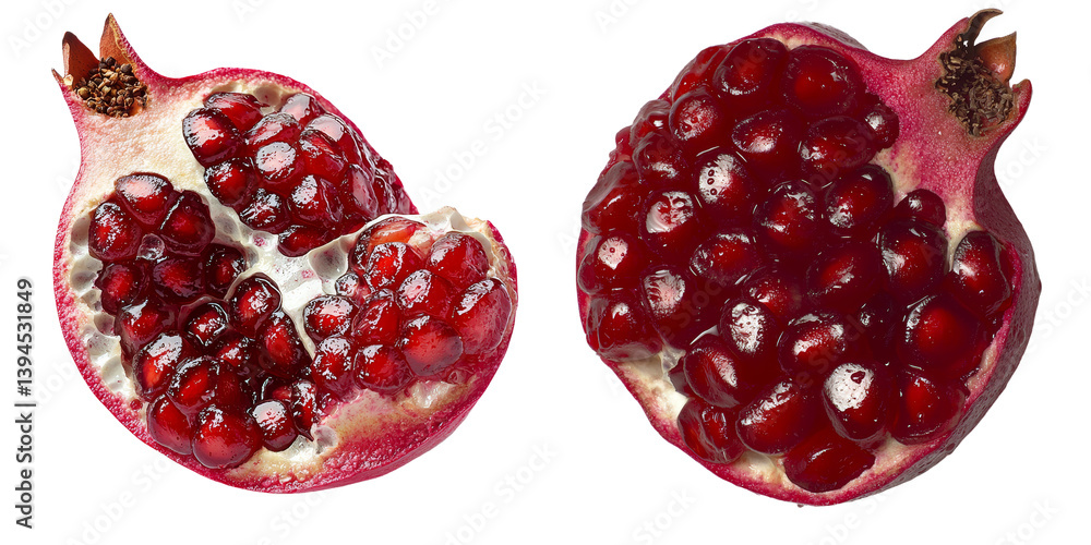 Poster intricate details of a halved pomegranate showcasing its vibrant red seeds in a minimalist setting