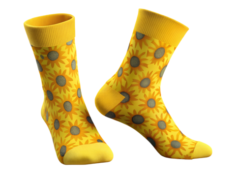 Bright Yellow Sunflower Patterned Socks, Sock Mockup, Sock isolated, Sock transparent background, 3D Sock Png, Sock Png