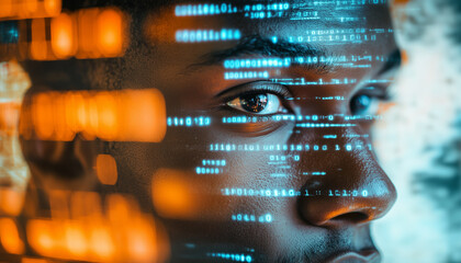 Futuristic concept of artificial intelligence and technology. A young man’s face overlaid with digital code and glowing data visuals, symbolizing innovation, coding, and cyber intelligence.