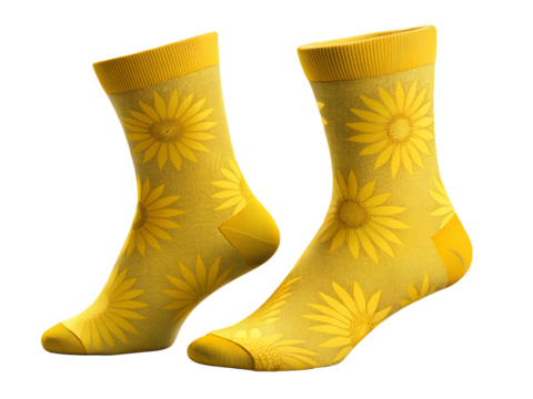 Bright Yellow Sunflower Patterned Socks, Sock Mockup, Sock isolated, Sock transparent background, 3D Sock Png, Sock Png