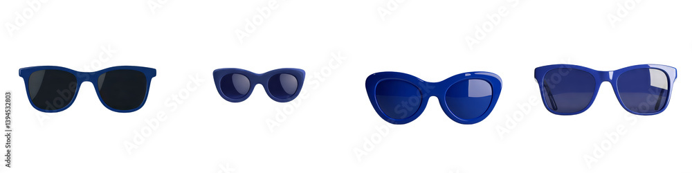Poster unique blue sunglasses collection displayed in a minimalist setting on a clean white background