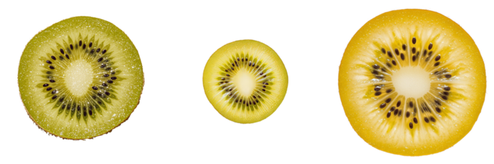 Fruit slices display showcasing green and golden kiwi cutouts with detailed textures against a white background