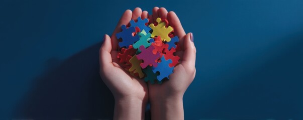 mental wellness for kids,Top view of child hands arranging color puzzle. Symbol of awareness for autism spectrum disorder on blue background. Conceptual image for Autism Awareness Day month. 