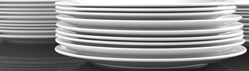 Fototapeta premium Stacked white plates, clean dishes, kitchenware