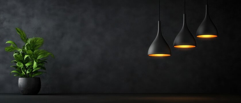 Dark interior with plant and pendant lights