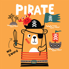 Cartoon bear dressed as pirate holding sword and flag with crab and pirate ships in tropical sea adventure scene. Children adventure concept
