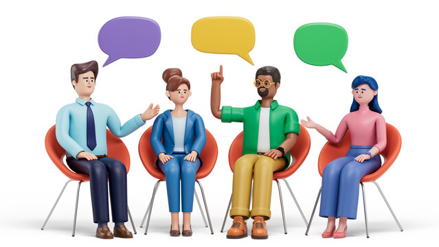 Four 3D people in discussion, symbolizing diverse perspectives and collaboration. 3D rendering, conceptual image. Isolated on white background.