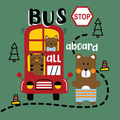 Colorful animal bus illustration with "ALL ABOARD" text and road sign details. Transport concept
