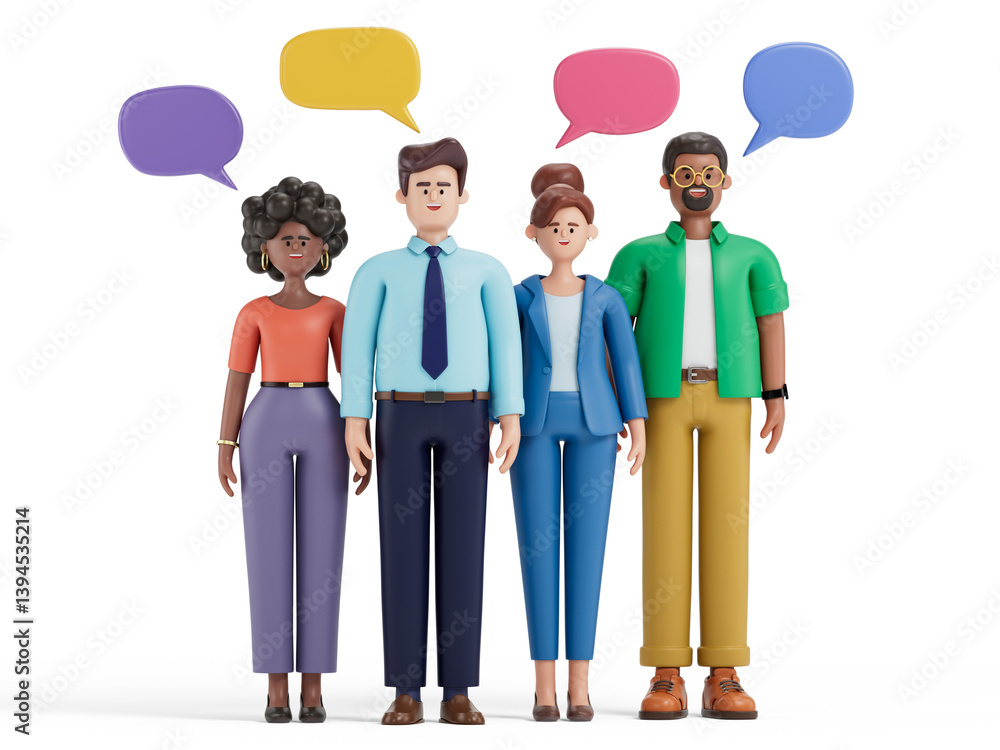 Poster diverse 3d people with speech bubbles, symbolizing open dialogue and inclusivity. 3d rendering, conc