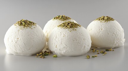 Four scoops of creamy white ice cream, topped with pistachios