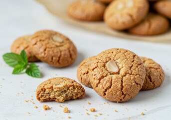 A close up of almond cookies with mint leaves on a white surface and a blurred background of more cookies