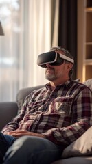 Fototapeta premium A man in virtual reality sits on the couch at home using a VR headset. Suitable for articles about technology and entertainment.
