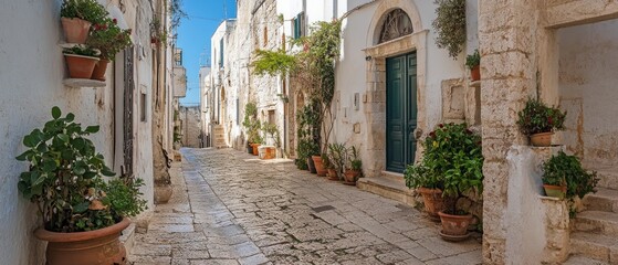 Fototapeta premium Cozy street with white houses and greenery in pots. Interior decor, travel, relaxation.