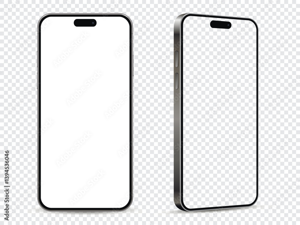 Poster mobile phone mockup. front and side view with white and empty screen on transparent background.