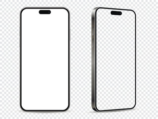 Mobile phone mockup. Front and side view with white and empty screen on transparent background.