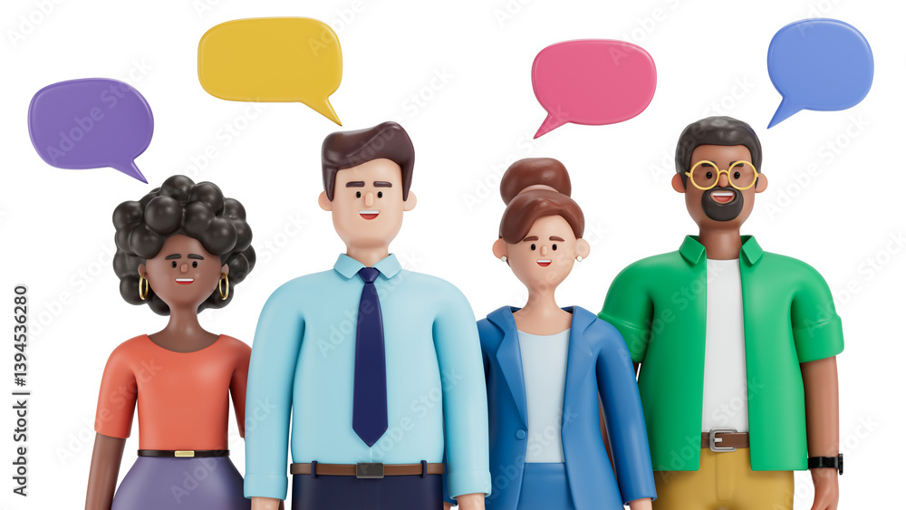 Poster diverse 3d people with speech bubbles, symbolizing open dialogue and inclusivity. 3d rendering, conc