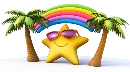 Cheerful star character under rainbow with palm trees fun animation bright colorful environment optimistic vibe