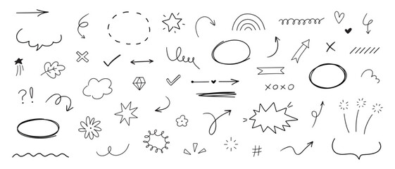 Hand drawn different line elements. Doodle sketch style arrows, scribbles, stars, speech bubbles and underlines. Vector grunge element set.