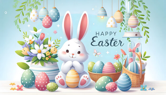 Ein Osterhase, Pastellfarben, mit Eiern, K&ouml;rbchen und der Aufschrift "Happy Easter"