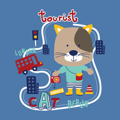 Cartoon cat dressed as a tourist with a camera, exploring the city with landmarks like "Berlin" and "London" in a colorful and fun design. Travel concept
